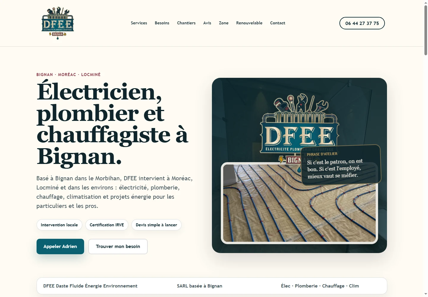 Le site DFEE réalisé par KH-web : présentation des métiers et contact à Bignan